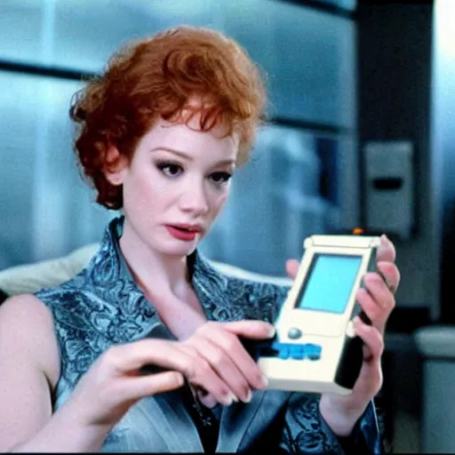 Prompt: a still of Christina Hendricks playing with a Gameboy, in the movie Lifeforce (1985), highly detailed and intricate, cinematic lighting, 8k remastered HDR