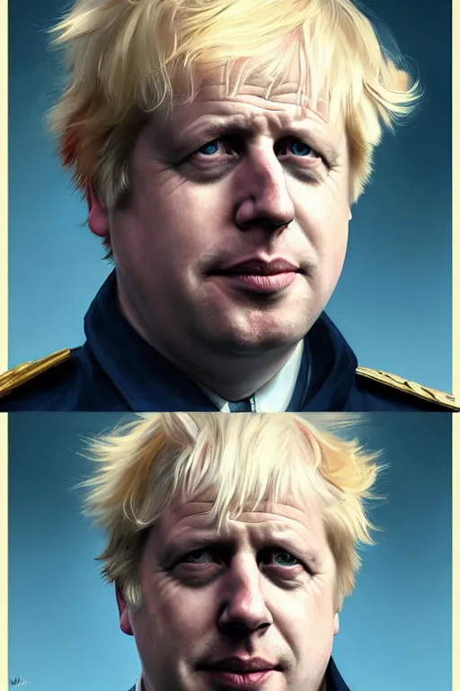 Image similar to Boris Johnson as a NATO commander, visible face, realistic portrait, gold and blue, highly detailed, digital painting, artstation, concept art, smooth, sharp focus, illustration, cinematic lighting, art by artgerm and greg rutkowski and alphonse mucha