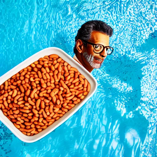Image similar to jeff goldblum emerging from a pool of baked beans ( sony a 7 r iv, symmetric balance, polarizing filter, photolab, lightroom, 4 k, dolby vision, photography awardm, voque, perfect face )