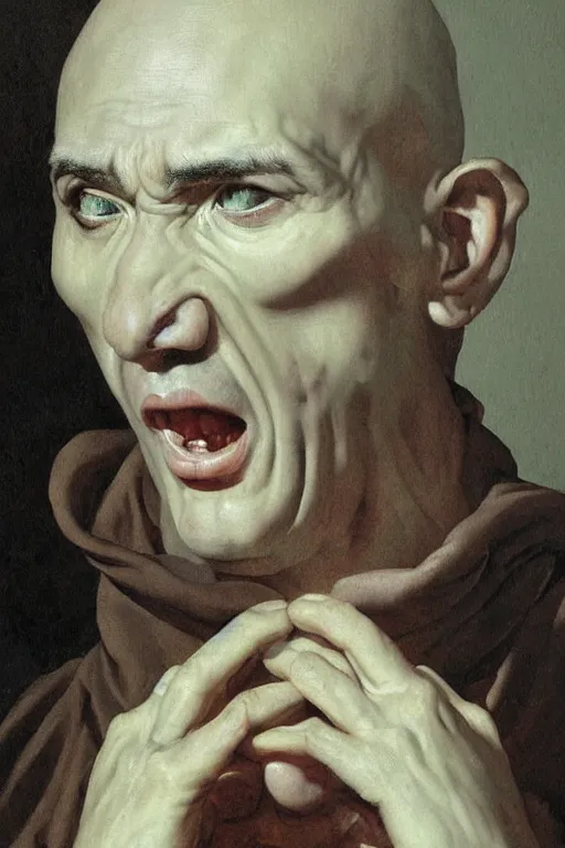 Image similar to Baroque painting of a Monk, inspired by Gustav Moreau and Wayne Barlowe, exquisite detail, hyper realism, ornate, exquisite detail, cute face