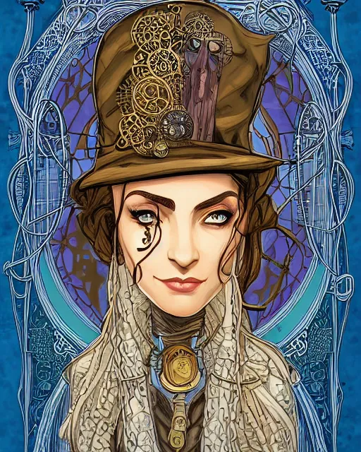 Image similar to a detailed portrait illustration of a steampunk wizard - noble - merchant. beautiful transgender arabic female face. art nouveau, pop art, comic book style. influenced by neil gaiman, h. p. lovecraft, dan mumford, brian froud, vadim voitekhovitch, killian eng, ross tran.