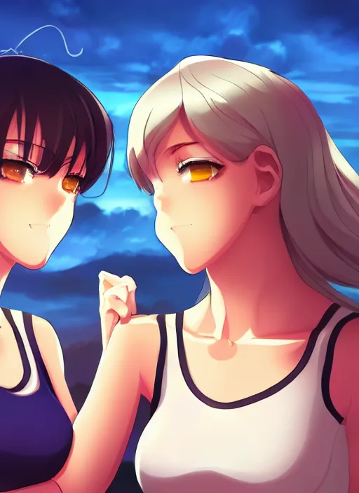 Image similar to two beautiful mothers outside in the evening, tank tops, gorgeous faces, thick lines, cinematic lighting, detailed anime art