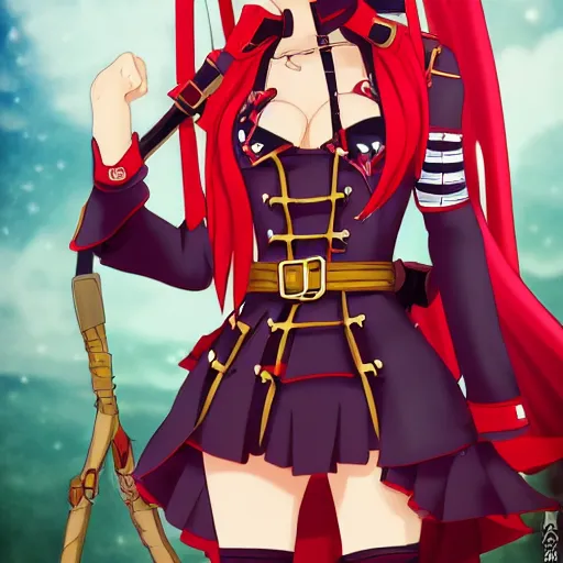 Image similar to Houshou Marine. Hololive character. Anime girl, 宝鐘マリン. Red pirate outfit and black pirate tricorn. Ahoy! Pirate girl ANIME drawing. brickred outfit colorscheme. Her name is Houshou Marine. Anime cute face. Yun Jin artist. Naoki Saito artist