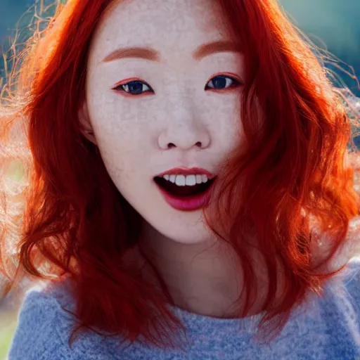 Image similar to Close up photo of the left side of the head of a young beautiful redhead korean woman with gorgeous blue eyes, beautiful white teeth and wavy long red hair, red detailed lips and freckles who looks directly at the camera. Slightly open mouth. Whole head visible and covers half of the frame, with a park visible in the background. 135mm nikon.