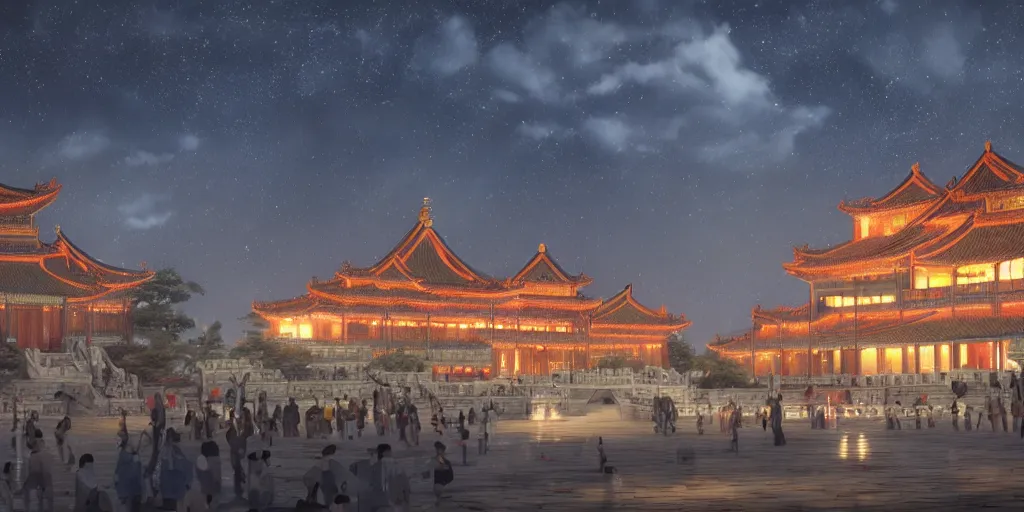 Image similar to magnificent chinese immortal palace, night view with kongming lanterns in the sky, concept art, dreamy, render by octane and blender, hyper realistic, cinematic lighting, unreal engin 5, by krenz cushart, 8 k, vray render, artstation, deviantart