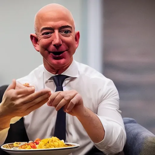 Image similar to Jeff Bezos eating tiny Elon Musk in a bowl for dinner, photograph