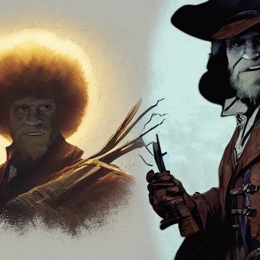 Image similar to an ultra detailed vector image of bob ross dressed as the hunter from bloodborne, concept art by alphonse mucha and greg rutkowski, praise the blood moon, octane render, liminal space