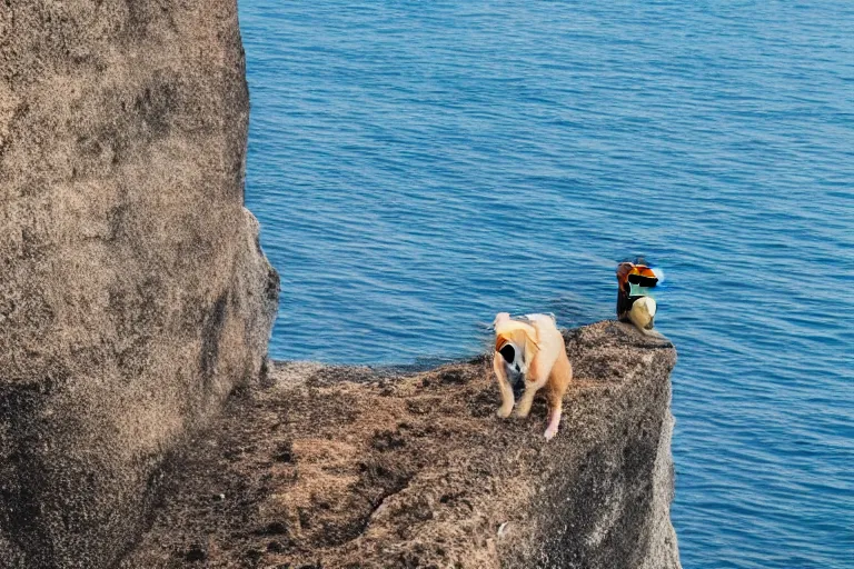 Image similar to a puppy is looking directly at the water below them while they stand at an edge of a cliff