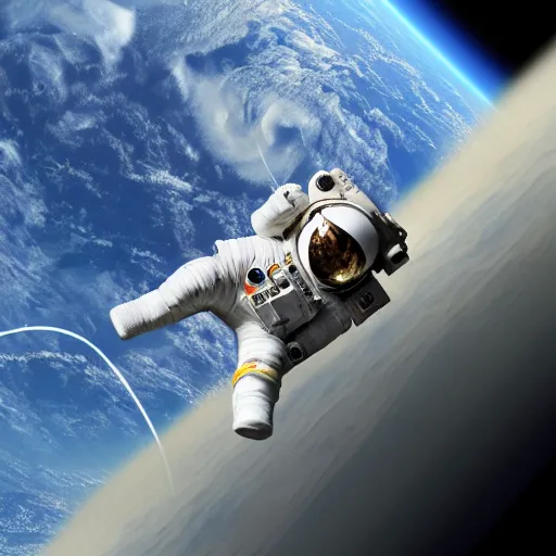 Prompt: astronaut dog floating in space connected to a space station with stars and asteroids in the background, high resolution, photorealistic, photo, 8k