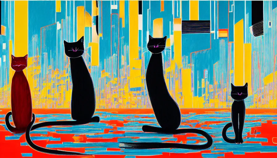 Image similar to contemporary semi abstract acrylic painting of really tall sitting cats by makoto shinkai, by stanley donwood, kessler art, thick brush strokes and visible paint layers, multicolor color scheme