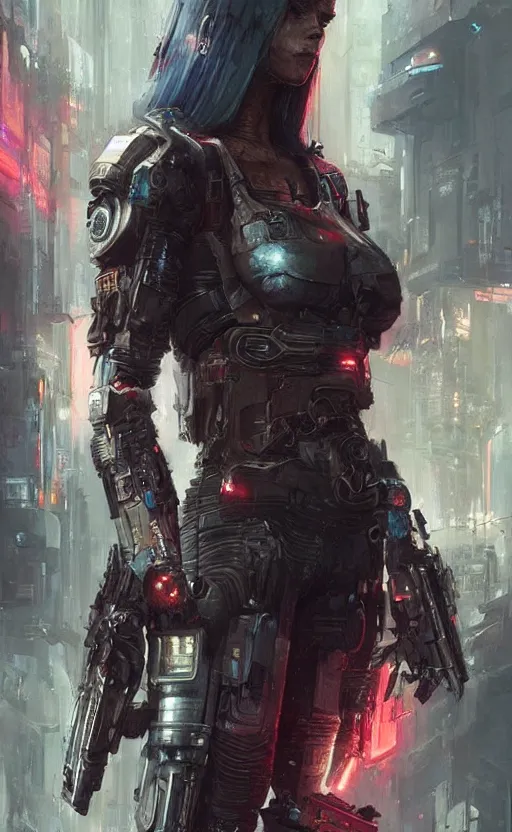 Image similar to « beautiful cyberpunk warrior by greg rutkowski, very detailed »