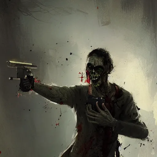 Image similar to putting in a zombie apocalypse holding a gun by greg rutkowski