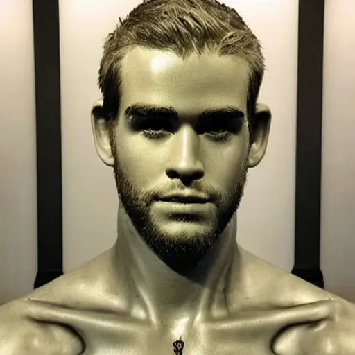 Image similar to “ a realistic detailed photo of a guy who is an attractive humanoid who is half robot and half humanoid, who is a male android, actor liam hemsworth, shiny skin, posing like a statue, blank stare, at the museum, on display ”