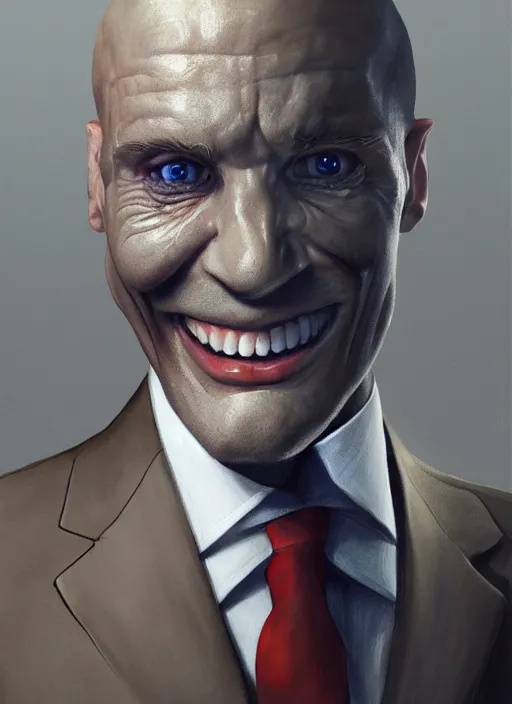 Image similar to a hyper realistic portrait of a smiling male alien in a suit for advertisement, artstation