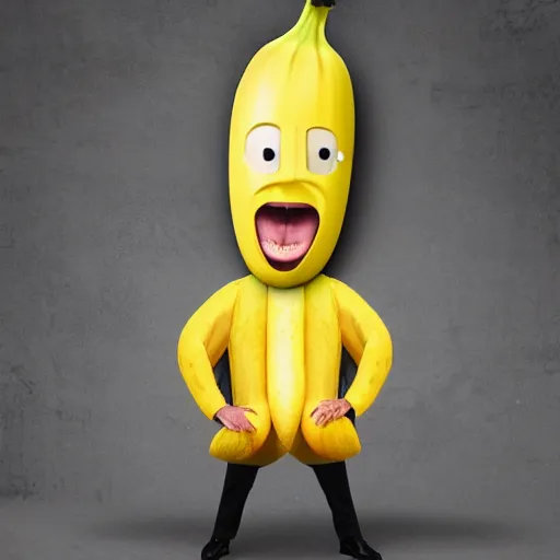 Image similar to banana head, a man wearing a suit banana head