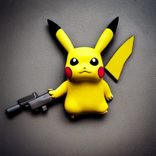 Prompt: pikachu holding a gun, clay sculpture, 33mm, high res photo