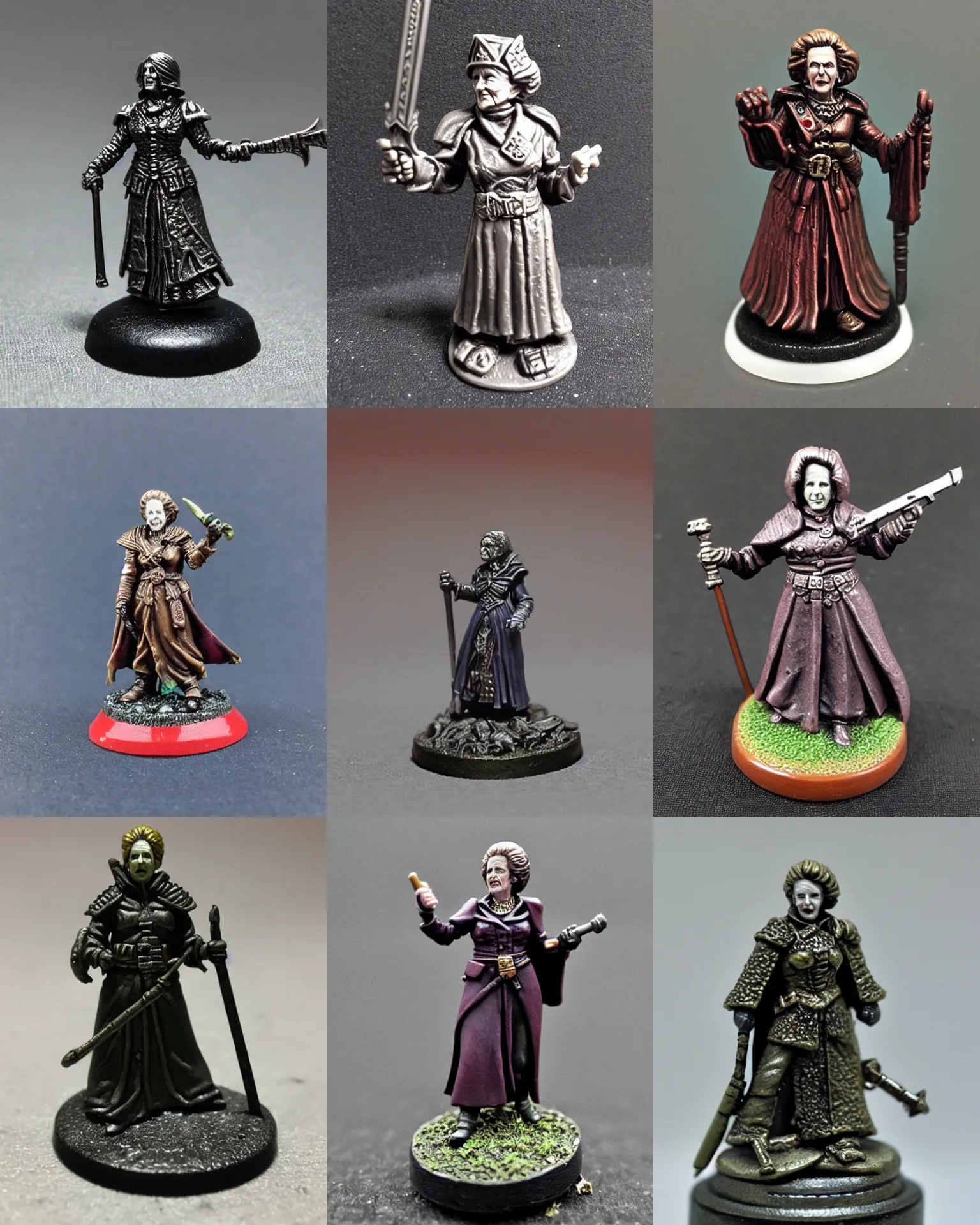 Prompt: resin miniature, margaret thatcher, 2 8 mm heroic scale, games workshop, d & d lich, undead mage, round base, evil villain, the iron lady, citadel colour