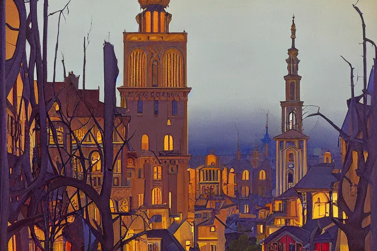 Image similar to view of the old city and its tree-lined winding streets still wet after a storm, tall windows lit up, beautiful ornamental architecture, dramatic cinematic lighting, rich colors, by Nicholas Roerich and and William Dyce and ford madox brown and April Gornik and Ludwig Deutsch and Sylvain Sarrailh , featured on artstation