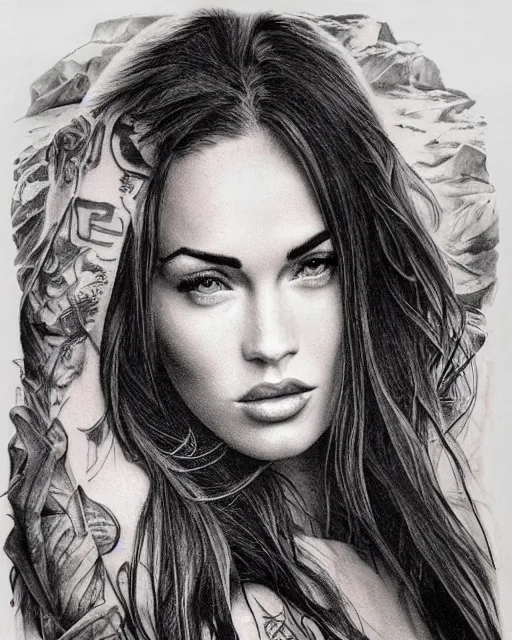 realism tattoo design sketch of megan fox portrait | Stable Diffusion ...