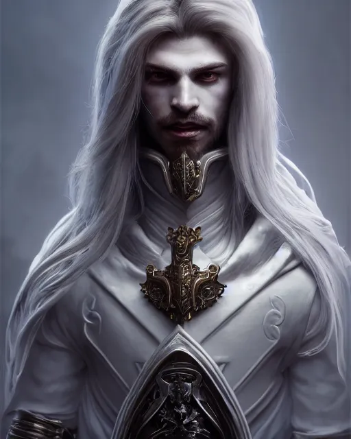 Prompt: male portrait, handsome, detailed white long hair, intricate assasin armor and face mask, porcelain bust, by ilya kuvshinov, peter mohrbacher, greg rutkowski, ryohei hase, dramatic lighting, intricate, highly detailed, diablo 3, sharp focus, luminous, blender, deviant art, masterpiece, ray tracing