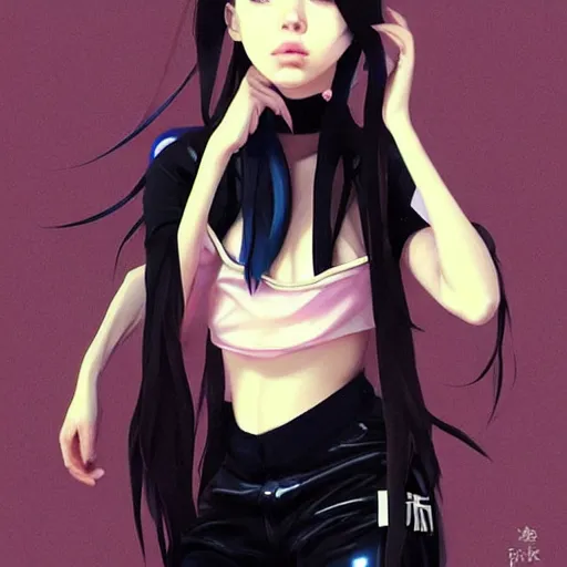 Image similar to a beautiful young japanese billie eilish kat dennings alluring instagram model in elaborate latex tank top, by guweiz and wlop and ilya kuvshinov and artgerm and makoto shinkai and studio ghibli, symmetrical eyes, aesthetic, gorgeous, stunning, alluring, attractive, artstation, deviantart, pinterest, digital art