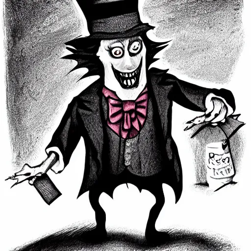 Image similar to a Pop Wonder scary horror themed goofy-hilarious-character Mad-Hatter-babadook-wearing a scarf, 3-piece-suit, dime-store-comic drawn with charcoal and pen and ink, half-tone-line-stacking