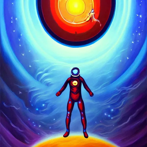 Image similar to spaceman superhero with cape and magic spells surfing, isometric scifi astral spirit space journey in oil painting, pulled into the spiral vortex, trending on artstation, award winning, emotional, highly detailed ethereal isometric surrealist art