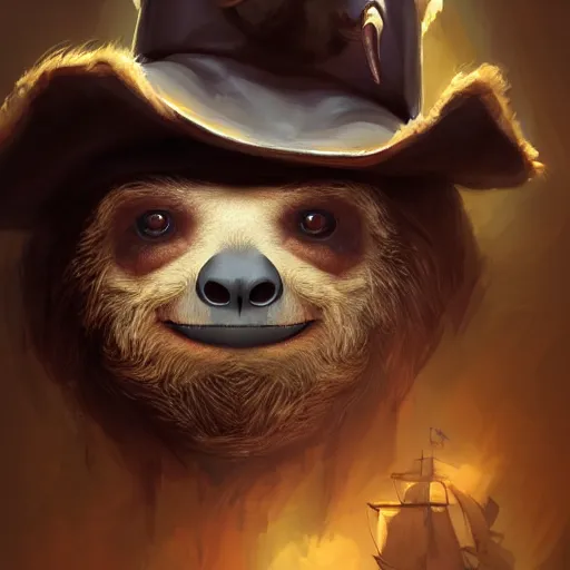 Prompt: Portrait of a Sloth dressed as a Pirate, digital painting, highly detailed, artstation, concept art, smooth, sharp focus, illustration, art by artgerm and greg rutkowski.
