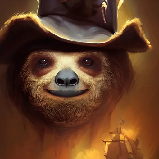 Image similar to Portrait of a Sloth dressed as a Pirate, digital painting, highly detailed, artstation, concept art, smooth, sharp focus, illustration, art by artgerm and greg rutkowski.