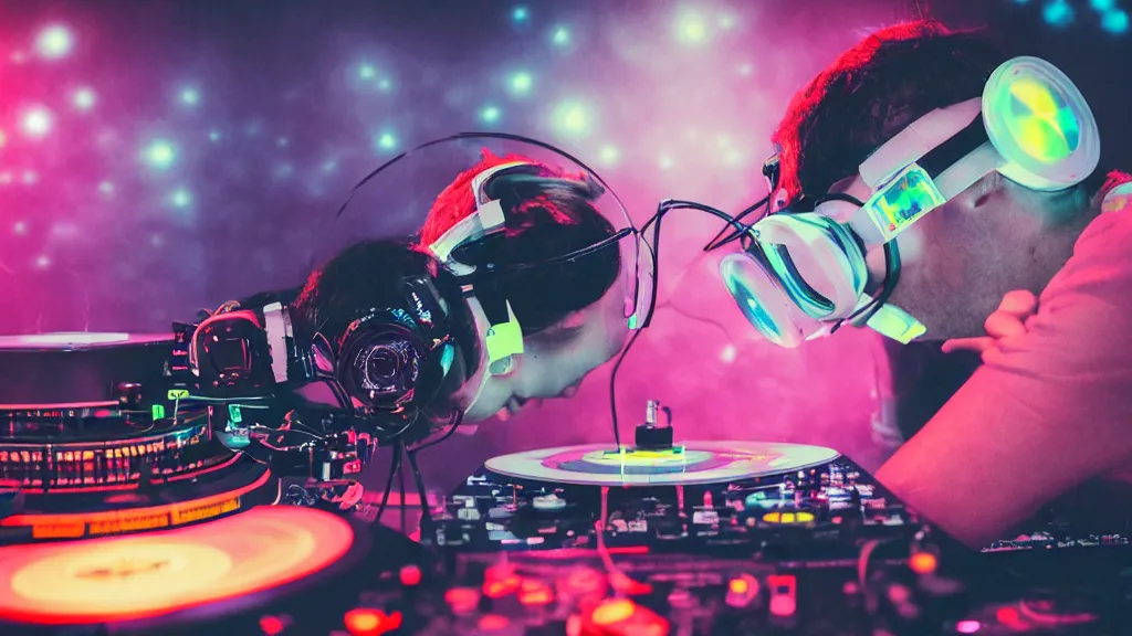 Image similar to a person wearing goggles and visor and headphones using a retro record player contraption, wires and tubes, turntablism dj scratching, intricate planetary gears, cinematic, imax, sharp focus, leds, bokeh, iridescent, black light, fog machine, hazy, lasers, hyper color digital art