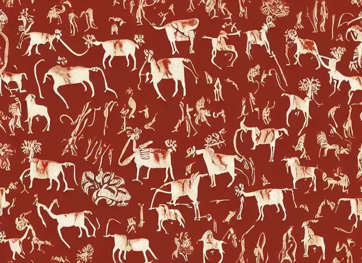 Prompt: painted pattern which depicts figures of ancient hunters, mammoths and buses, rock cave painting, red ocher