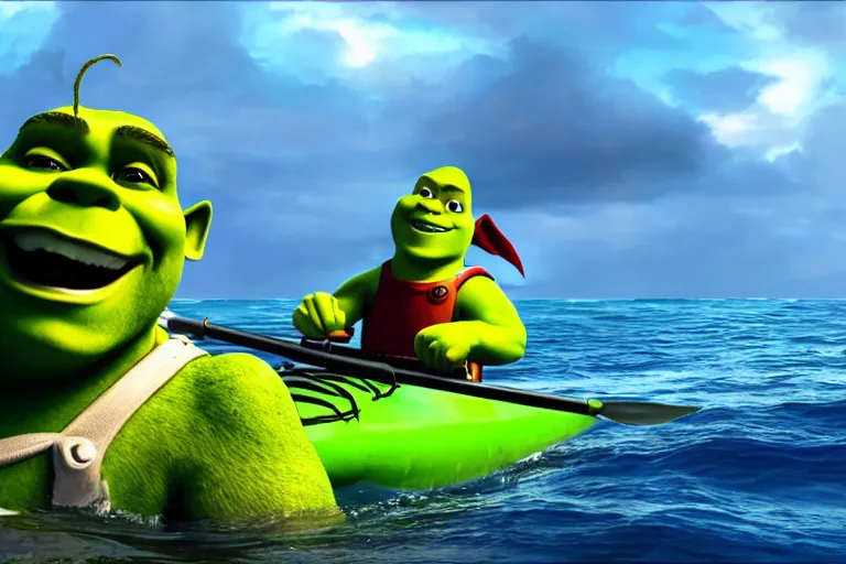 Prompt: a photo of shrek and sonic kayaking in the ocean during a beautiful sunset, photorealistic, hd, 8 k