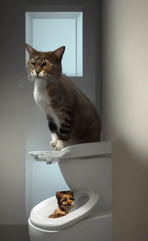 Image similar to photorealistic painting of a cat sitting in a toilet. high quality. unreal engine, embers flying, hyper realism, realistic shading, cinematic composition, blender render, octane render, ultrawide shot, photorealistic. hq. hd. 4 k. award winning. trending on artstation