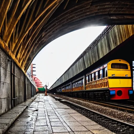 Image similar to poor people life under railway bridge, award winning, realistic, hyper realistic details, by steve mccury, best on adobe stock, 3 5 mm lens