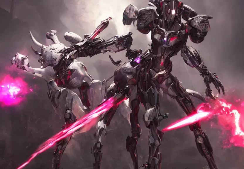 Image similar to epic cinematic shot of stunning beautiful anthropomorphic mecha female dragon fighting in the apocalypse with laser rifle, has silver armor and fuchsia skin, warframe fanart, terminator art, epic scale, furaffinity, deviantart, octane