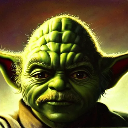 Image similar to ultra realistic portrait painting of tom selleck as yoda, art by frank frazetta, 4 k, ultra realistic, highly detailed, epic lighting