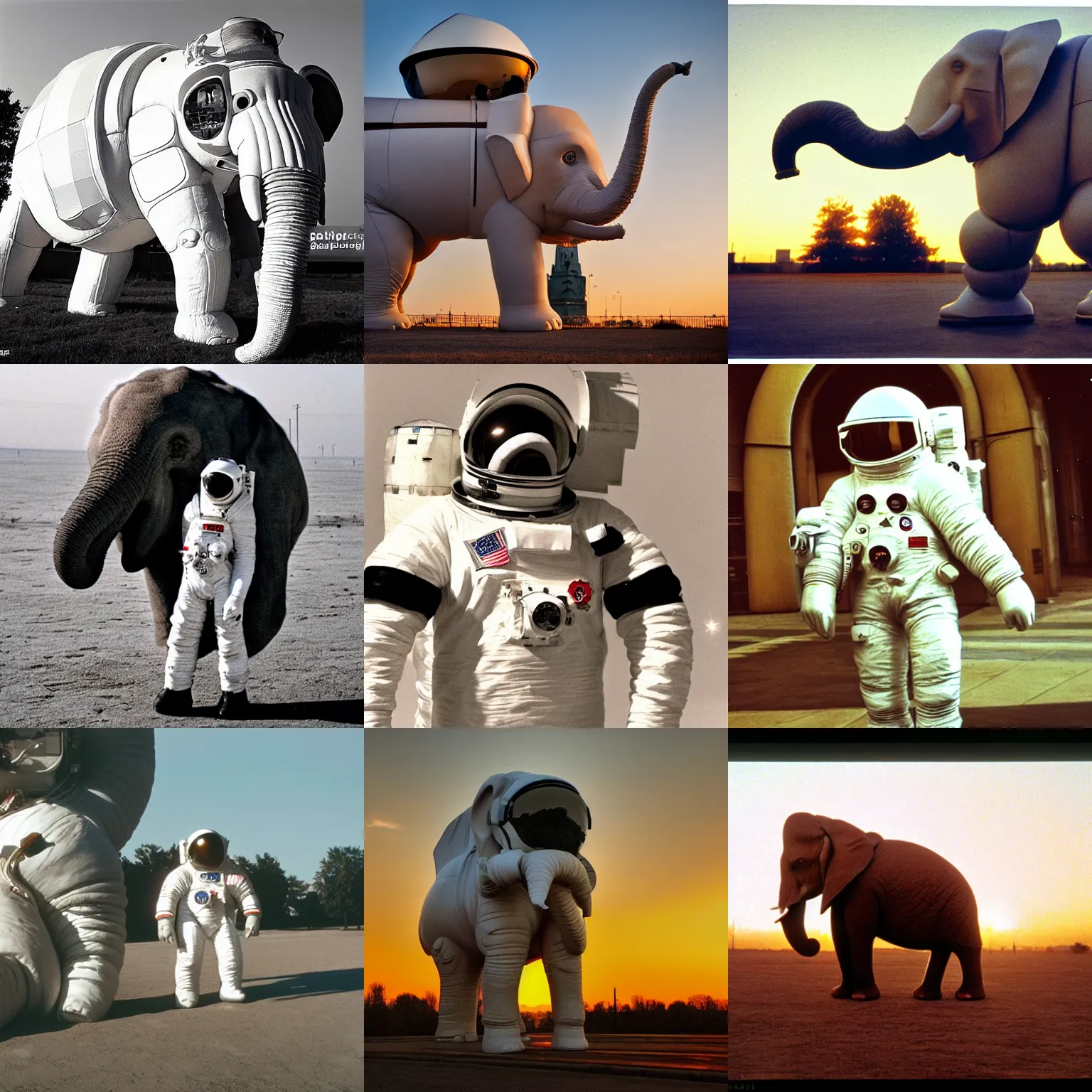 Prompt: shot on daghherotype, giant elephant wearing white custom made american spacesuit with oversized giant helmet as astronaut animal, in legnica, sunrise, by vhs camcoder