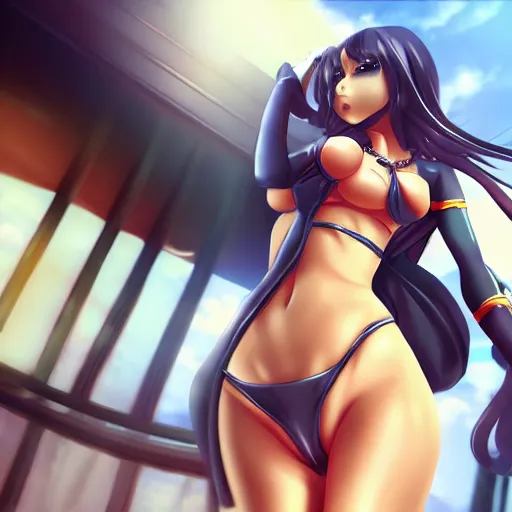 Image similar to cute anime anime girl wearing latex bikini. cinematic dramatic atmosphere, sharp focus, volumetric lighting. world or warcraft