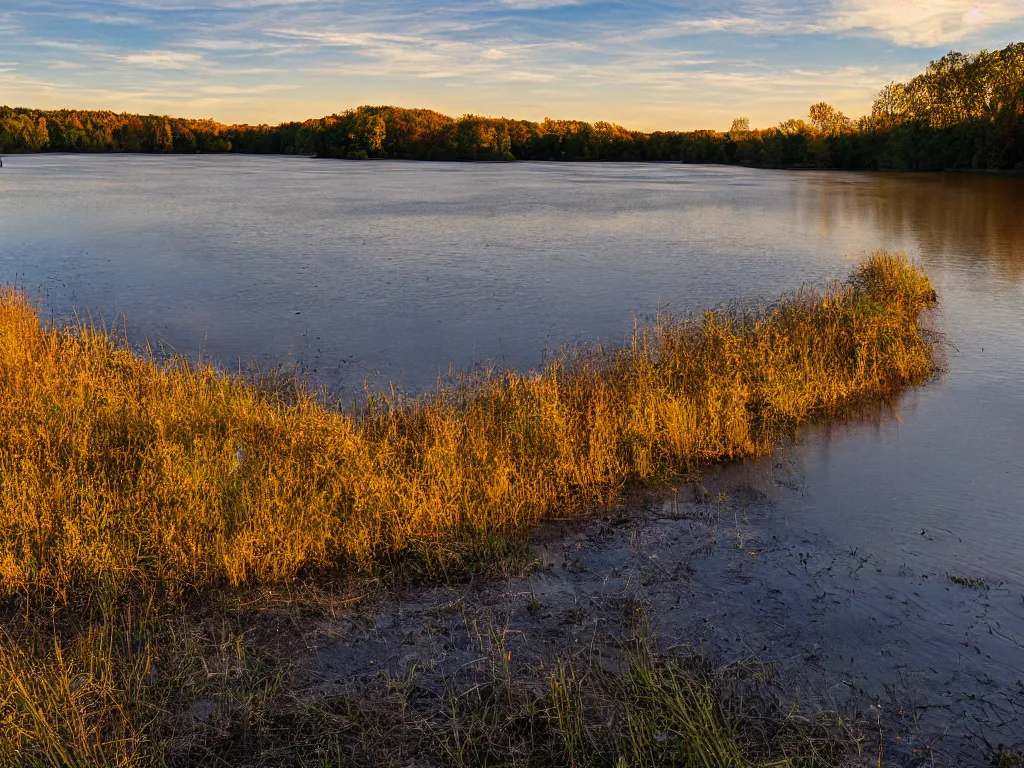 Prompt: photograph of a field by a dam and a river, new england, color, golden hour