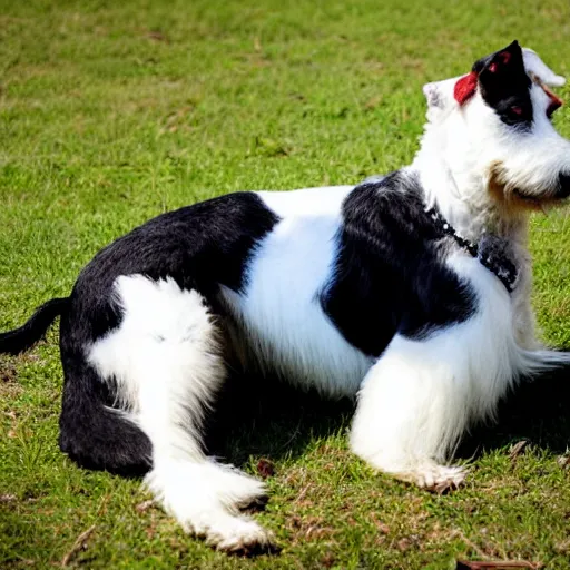 Image similar to old fox terrier with a white and black coat, red collar, white tail, lying in the sun