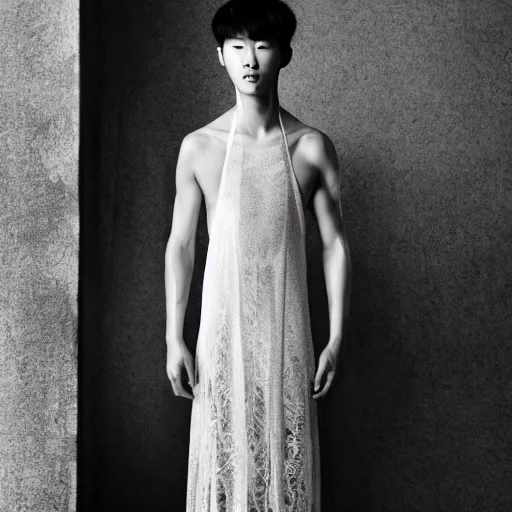 Image similar to a beautiful young korean male wearing a translucid lace wedding gown designed by alexander mcqueen, photographed by andrew thomas huang for a fashion editorial