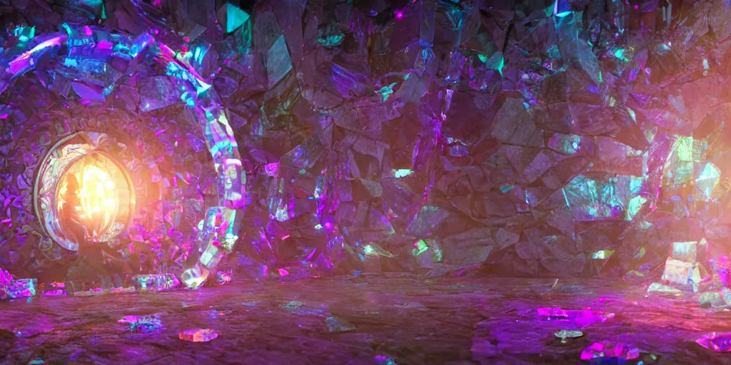 Prompt: jeweled enchanted crystal interdimensional portal. unreal and octane and blender and unity render. post - processed color corrected. crisp. focused. sharp. vibrant. epic composition. 8 k. uhd.