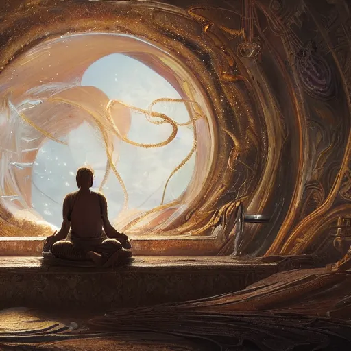 Prompt: a painting of a person sitting in a meditation position, a detailed matte painting by Yoann Lossel, cgsociety, fantasy art, cosmic horror, redshift, reimagined by industrial light and magic