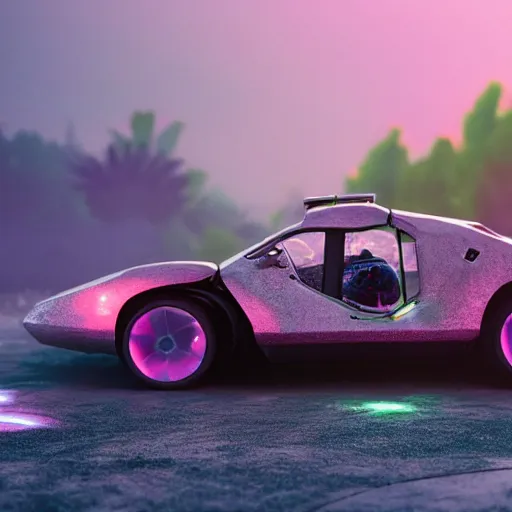 Image similar to a fancy alien sports car abandoned on dusky biome, luminescent, enchanted plants, cinematic shot, intricate, ornate, photorealistic, ultra detailed, realistic, 1 0 0 mm, photography, octane, high definition, depth of field, bokeh, 8 k, behance, trending on artstation