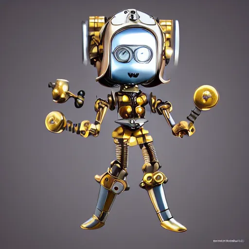 Image similar to cute chibi pvc figure of a robot girl, steampunk knight armor, energetic, anime, vray