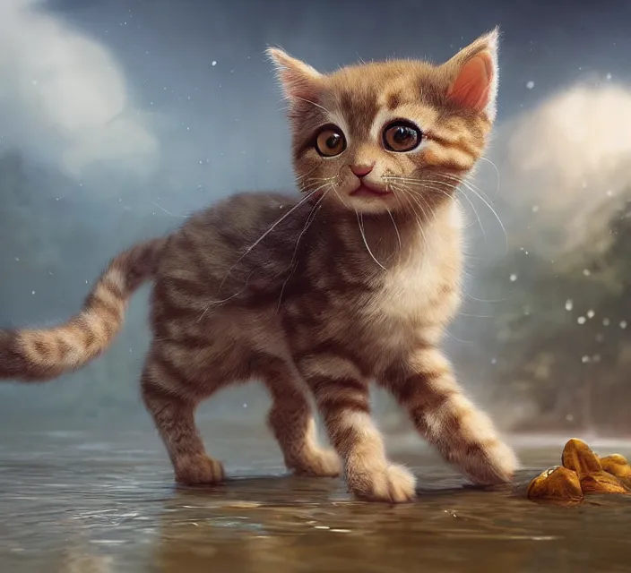 Image similar to a painting of a cute light beige brown kitten at a river. fur pattern. character design by cory loftis, fenghua zhong, ryohei hase, ismail inceoglu and ruan jia. volumetric light, detailed, rendered in octane