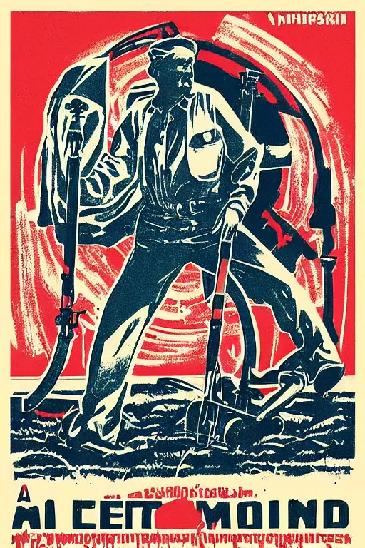 Image similar to “A man with a metal detector on a field. Word METAL written in Cyrillic letters. Soviet propaganda poster in the style of Dmitry Moor”