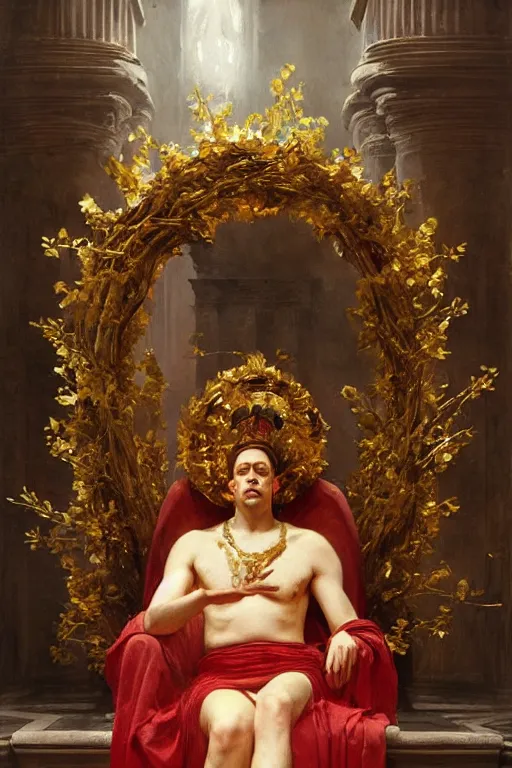 Prompt: beautiful oil painting, steve buscemi in royal crimson robes enthroned as the god emperor of ancient rome a golden wreath upon his head, by anders zorn, wonderful masterpiece by greg rutkowski, beautiful cinematic light, american romanticism, by thomas lawrence, greg rutkowski