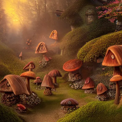 Prompt: a fairy mushroom house village, misty forest, fantasy, arnold render, trending on artstation, cgsociety