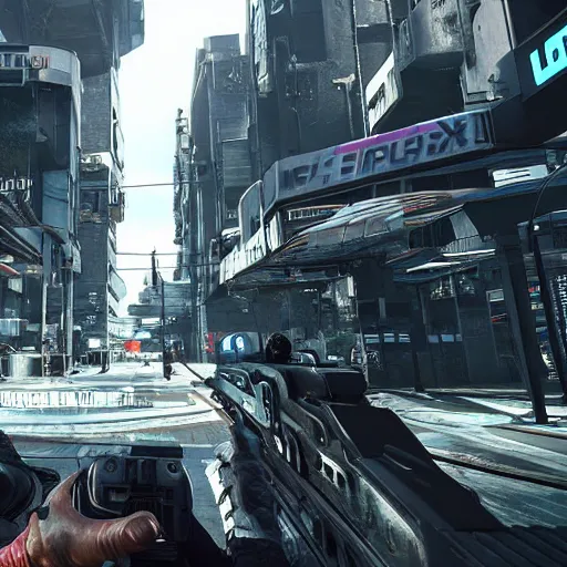 Image similar to futuristic call of duty game set in a cyberpunk city, ps 5, 8 k